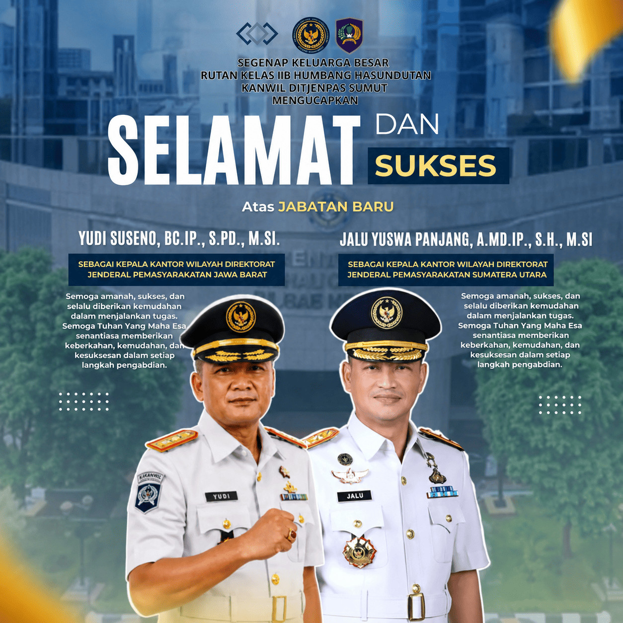 Yudi Suseno dan Jalu Yuswa Panjang menerima ucapan selamat dari keluarga besar Rutan Kelas IIB Humbang Hasundutan atas pelantikan sebagai Kepala Kantor Wilayah Ditjen Pemasyarakatan.
