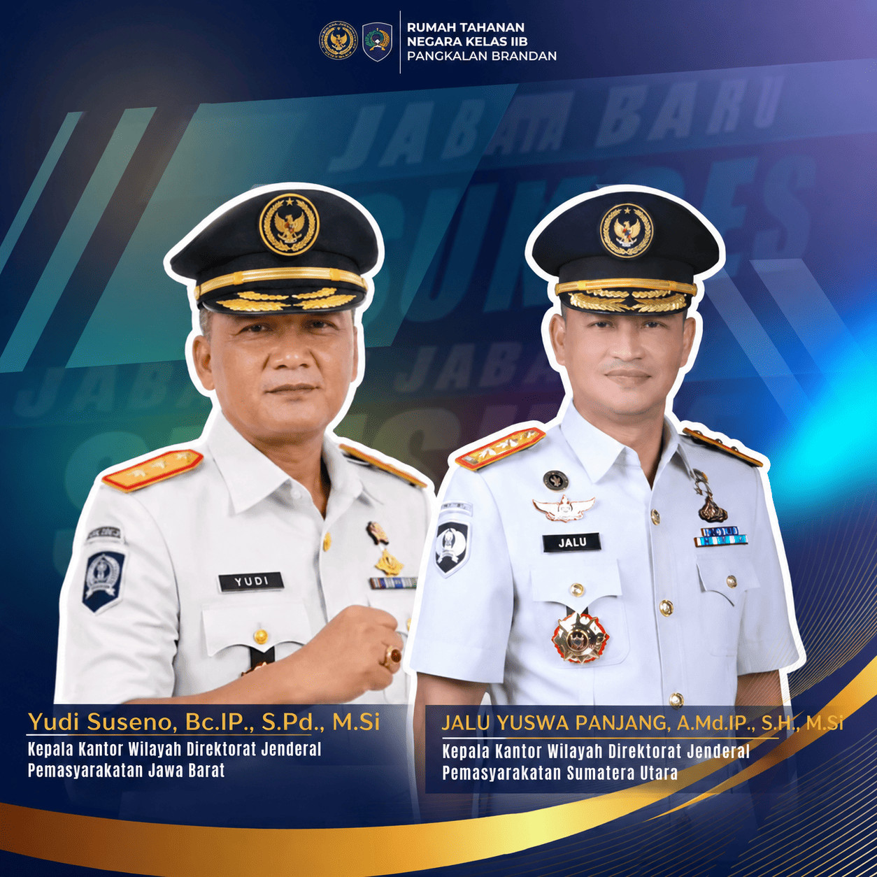 Yudi Suseno dan Jalu Yuswa Panjang dalam momentum pergantian kepemimpinan Kantor Wilayah Direktorat Jenderal Pemasyarakatan Sumatera Utara.