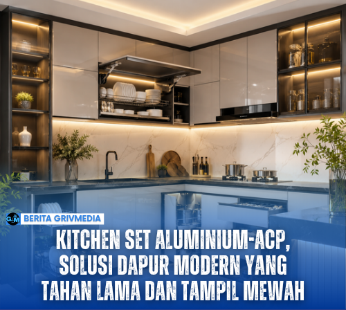 Kitchen set aluminium dan ACP modern dengan engsel hidrolik, rak piring, laci sendok, serta kabinet penyimpanan panci yang mewah dan hemat ruang di Pematangsiantar.