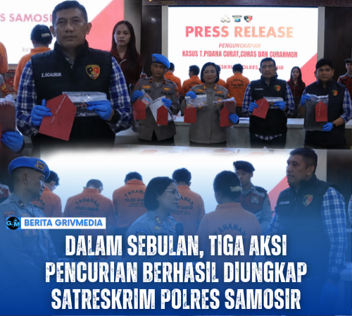 Kapolres Samosir AKBP Rina Sry Nirwana Tarigan didampingi Kasat Reskrim AKP Edward Sidauruk saat konferensi pers pengungkapan tiga kasus pencurian dengan enam tersangka di Mapolres Samosir.
