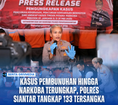 Kapolres Pematangsiantar AKBP Sah Udur Sitinjak saat memimpin konferensi pers pengungkapan 100 kasus kriminal dan narkotika periode Januari-Juni 2026 di Mapolres Pematangsiantar.