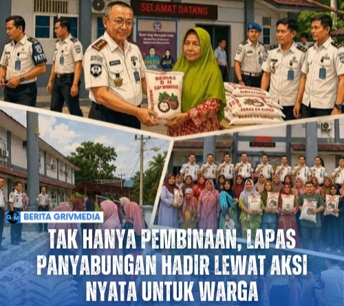 Kepala Lapas Kelas IIB Panyabungan bersama jajaran pegawai menyerahkan bantuan sembako kepada warga sekitar dalam kegiatan bakti sosial.