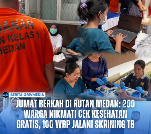 Petugas kesehatan memeriksa warga dalam kegiatan Jumat Berkah Rutan Kelas I Medan yang menyediakan layanan cek kesehatan gratis dan skrining tuberkulosis bagi warga binaan.
