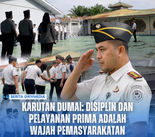 Karutan Dumai Enang Iskandi memimpin apel pagi bersama pegawai, Taruna Poltekip, dan peserta magang di halaman Rutan Kelas IIB Dumai dengan penekanan pada disiplin dan pelayanan prima.
