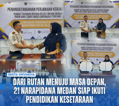 Penandatanganan kerja sama antara Rutan Kelas I Medan dan PKBM Bina Tunas Muda Cakrawala untuk program pendidikan kesetaraan bagi warga binaan di Aula Sahardjo Medan.