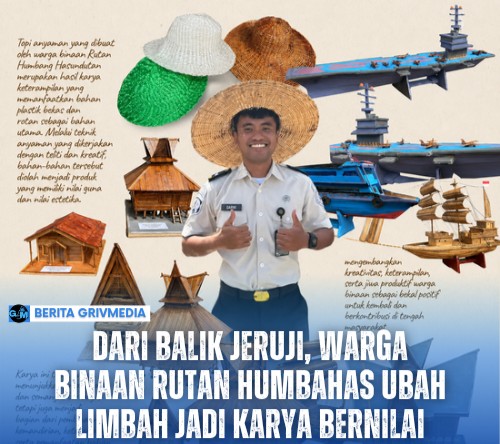 Warga binaan Rutan Kelas IIB Humbang Hasundutan memperlihatkan hasil kerajinan tangan berupa miniatur rumah adat, miniatur kapal, dan topi anyaman hasil program pembinaan kemandirian.