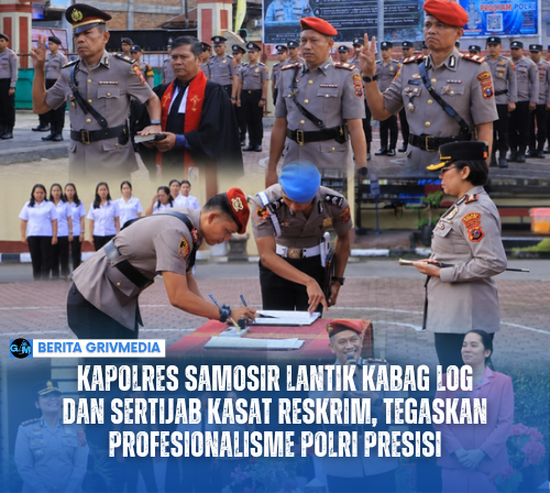 Kapolres Samosir AKBP Rina Sry Nirwana Tarigan memimpin pelantikan Kabag Log dan serah terima jabatan Kasat Reskrim Polres Samosir di Lapangan Mako Polres Samosir.