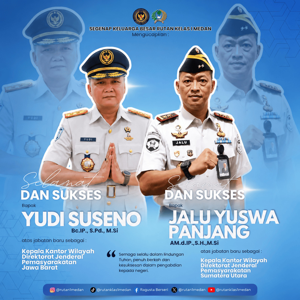 Yudi Suseno dan Jalu Yuswa Panjang menerima ucapan selamat dari jajaran Rutan Kelas I Medan atas amanah baru sebagai Kepala Kantor Wilayah Ditjen Pemasyarakatan.