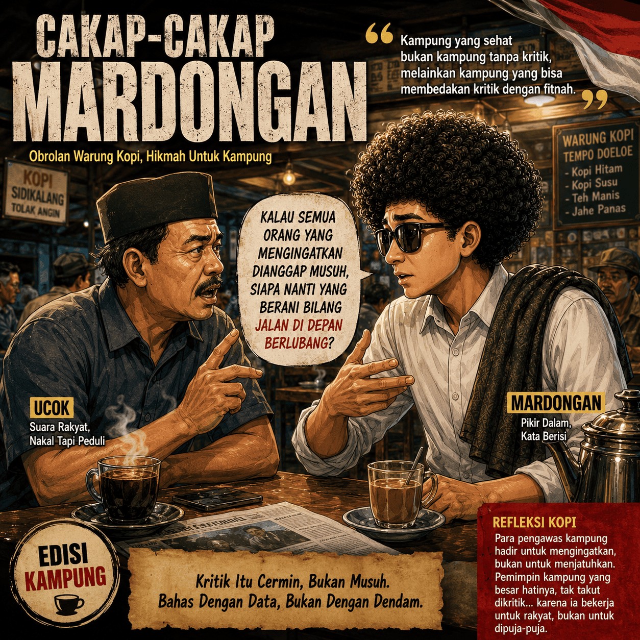 Ilustrasi Mardongan dan Ucok berdiskusi di warung kopi Sumatera Utara mengenai polemik istilah londo ireng, kritik publik, dan demokrasi.