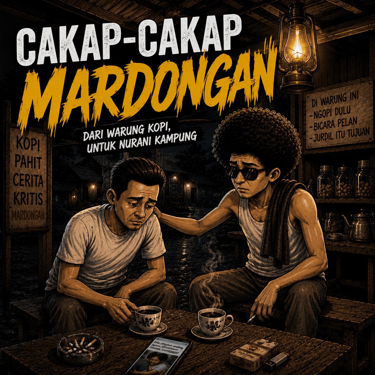 Ilustrasi dua pria berbincang di warung kopi Sumatera Utara pada malam hari membahas keadilan hukum, aksi main hakim sendiri, dan pentingnya supremasi hukum di Indonesia.