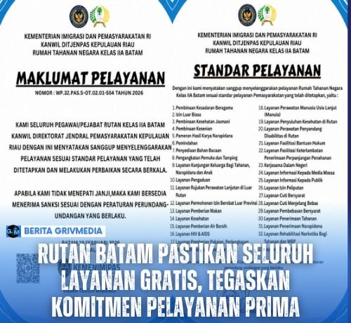 Maklumat Pelayanan dan Standar Pelayanan Rutan Kelas IIA Batam yang menegaskan komitmen memberikan pelayanan gratis, profesional, transparan, dan sesuai prosedur.
