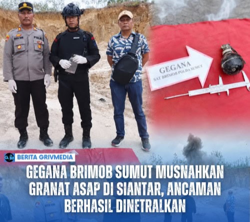 Personel Tim Jibom Unit Komposit Gegana Satuan Brimob Polda Sumut melakukan proses pengamanan dan disposal granat asap jenis militer di Kecamatan Siantar Martoba, Pematangsiantar.