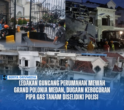 Petugas kepolisian dan tim gabungan melakukan penyelidikan di lokasi ledakan rumah di Perumahan Grand Polonia Medan yang diduga dipicu kebocoran pipa gas tanam.
