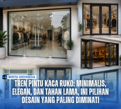 Desain pintu kaca ruko minimalis menggunakan frame aluminium hitam dengan kaca bening modern hasil pemasangan Rickz Glass Siantar.
