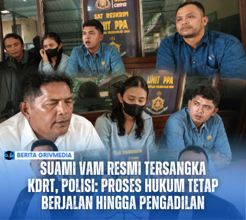 Kelompok polisi dan saksi dalam konferensi pers kasus KDRT Suami VAM.