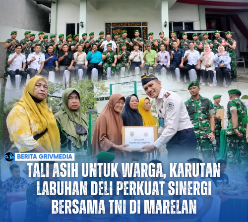 Kelompok warga dan TNI berfoto bersama dalam acara tali asih di Marelan.