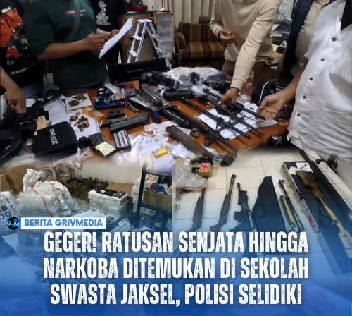 Petugas mengamankan temuan ratusan senjata api, amunisi, dan barang bukti lainnya di sebuah sekolah swasta di Pondok Pinang, Jakarta Selatan.