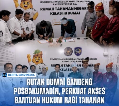 Kepala Rutan Kelas IIB Dumai Enang Iskandi menandatangani Perjanjian Kerja Sama dengan Ketua POSBAKUMADIN Kota Dumai untuk memperkuat layanan bantuan hukum bagi tahanan.