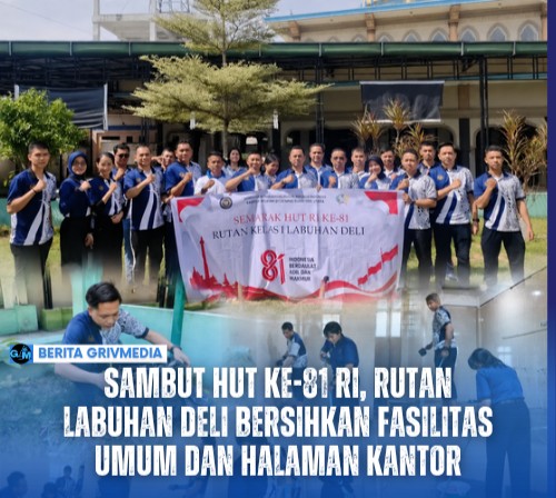 Jajaran Rutan Kelas I Labuhan Deli bergotong royong membersihkan fasilitas umum dan halaman kantor menjelang HUT ke-81 RI.