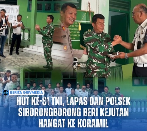 Jajaran Lapas dan Polsek Siborongborong memberikan kejutan kue HUT ke-81 TNI kepada Koramil Siborongborong.