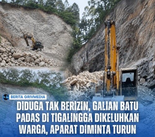 Aktivitas galian batu padas menggunakan alat berat di Desa Gunung Sayang, Kecamatan Tigalingga, Kabupaten Dairi, yang dikeluhkan warga dan dipertanyakan legalitasnya.