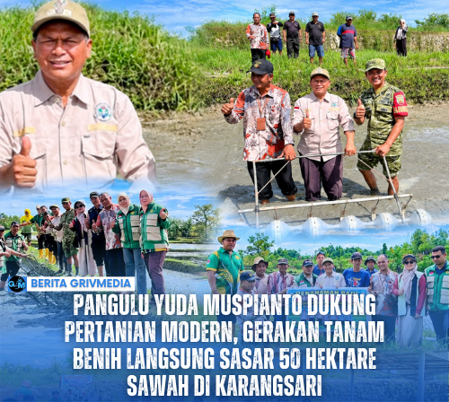 Pangulu Yuda Muspianto bersama CWS, PPL, Babinsa, dan kelompok tani melaksanakan gerakan tanam benih langsung program PM-AAS di persawahan Simpang Kawit Huta 9 Nagori Karangsari.