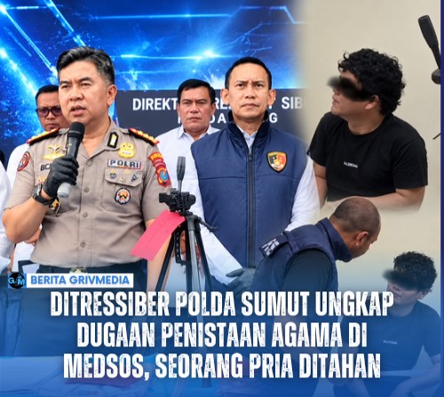 Direktur Reserse Siber Polda Sumut Kombes Pol Bayu Wicaksono bersama Kabid Humas Polda Sumut saat konferensi pers pengungkapan kasus dugaan penistaan agama di media sosial.